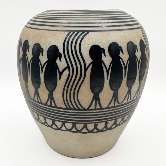 Saura or Warli Indian Tribal Folk Art Black Cream Ceramic Vase Urn w Children - Picture 7 of 13